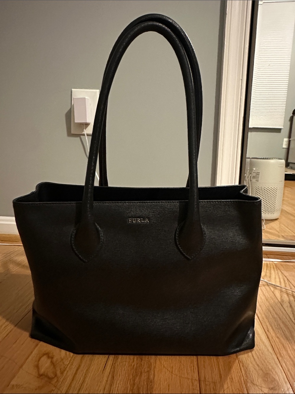 Furla Black Saffiano Leather Structured Tote with Dual Shoulder Straps
